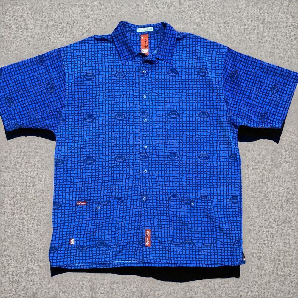 Marc Ecko Vintage Y2K Rhino Logo Royal Blue Button Down Shirt Men's Size XL